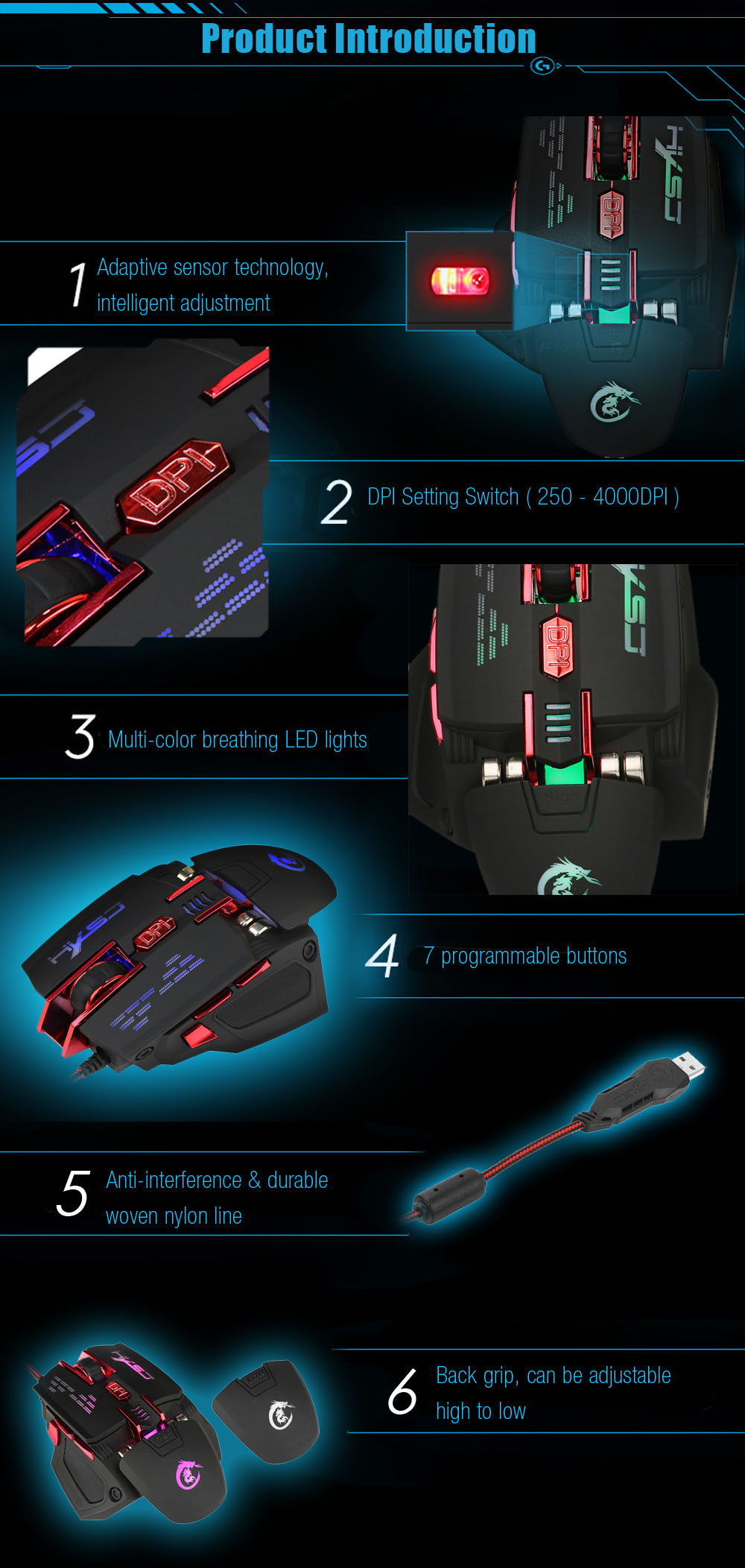 HXSJ X200 Optical 7D USB Wired Programmable Macro Gaming Mouse with LED Backlight HXSJ X200 Optical 7D USB Wired Programmable Macro Gaming Mouse with LED Backlight