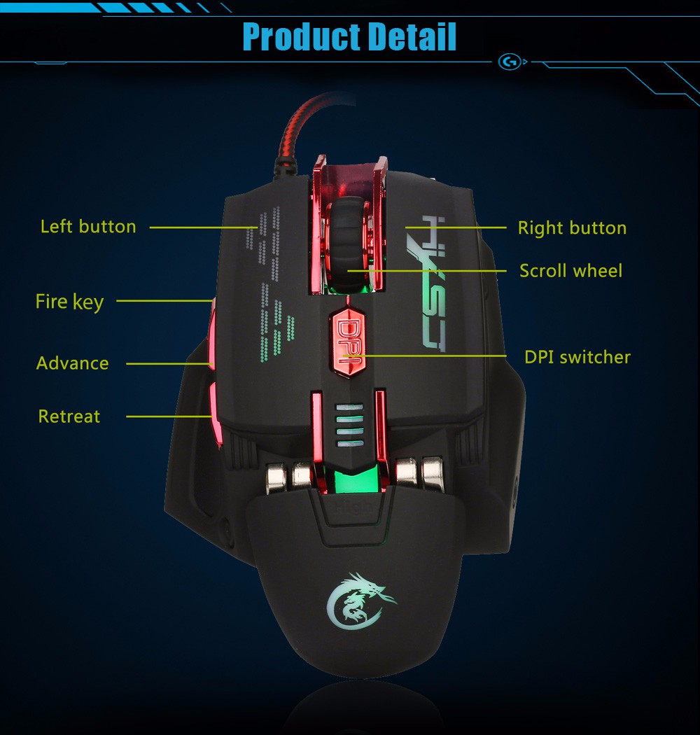HXSJ X200 Optical 7D USB Wired Programmable Macro Gaming Mouse with LED Backlight HXSJ X200 Optical 7D USB Wired Programmable Macro Gaming Mouse with LED Backlight