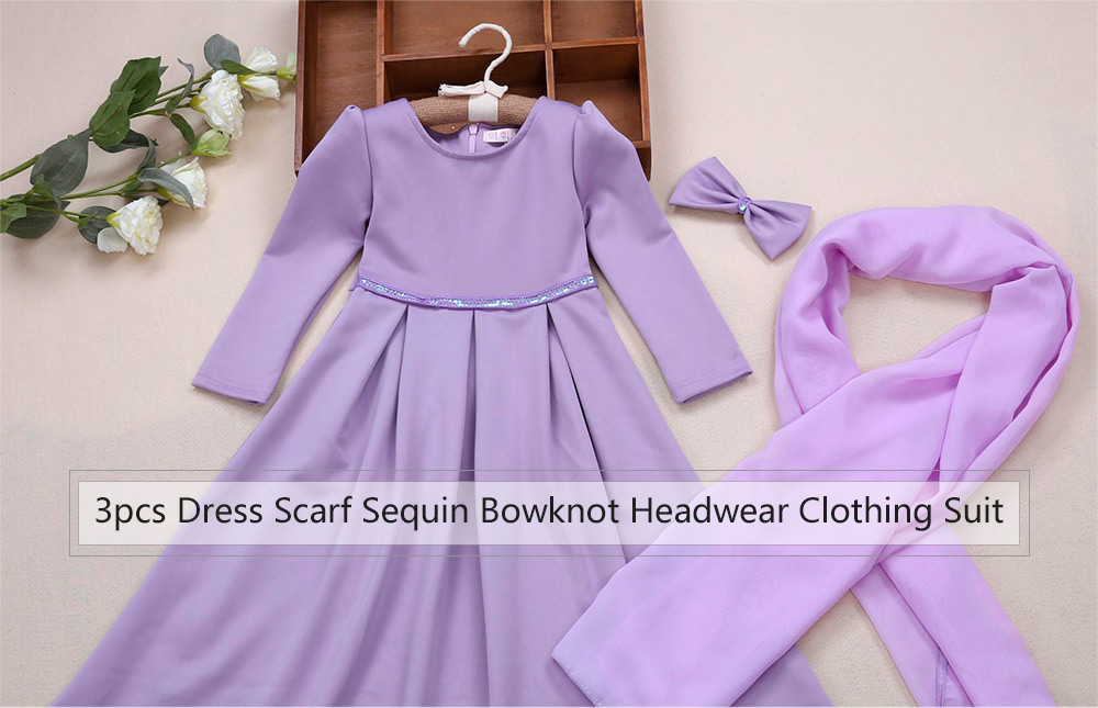 3pcs Sequin Round Collar Long Sleeve Zipper Dress Solid Color Scarf Bowknot Headwear Clothing Suit 3pcs Sequin Round Collar Long Sleeve Zipper Dress Solid Color Scarf Bowknot Headwear Clothing Suit