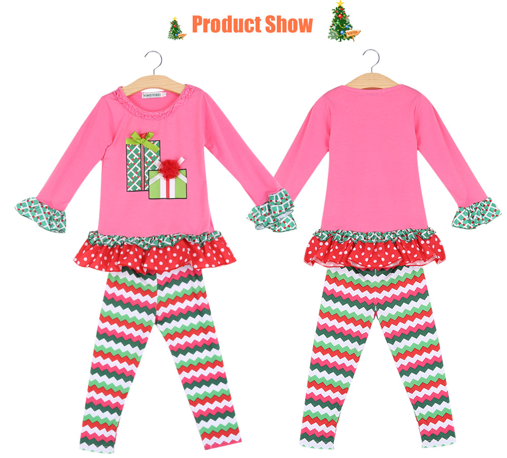 Sweet Ruffle Collar Flounced Printed Girls Two Piece Christmas Set