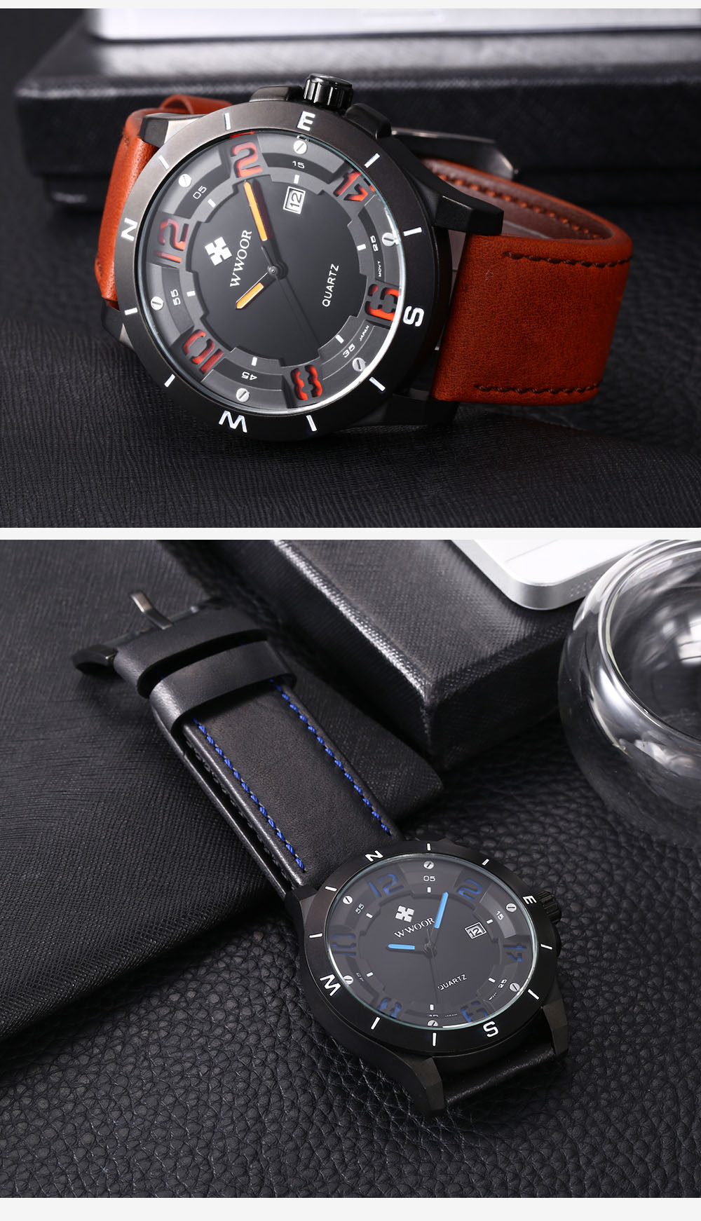WWOOR 8014 Men Quartz Watch Large Dial Date Display 3ATM Genuine Leather Band Wristwatch