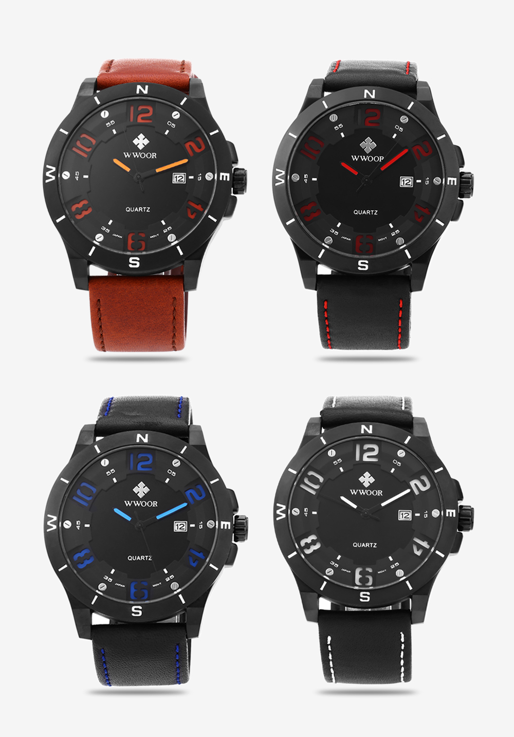 WWOOR 8014 Men Quartz Watch Large Dial Date Display 3ATM Genuine Leather Band Wristwatch