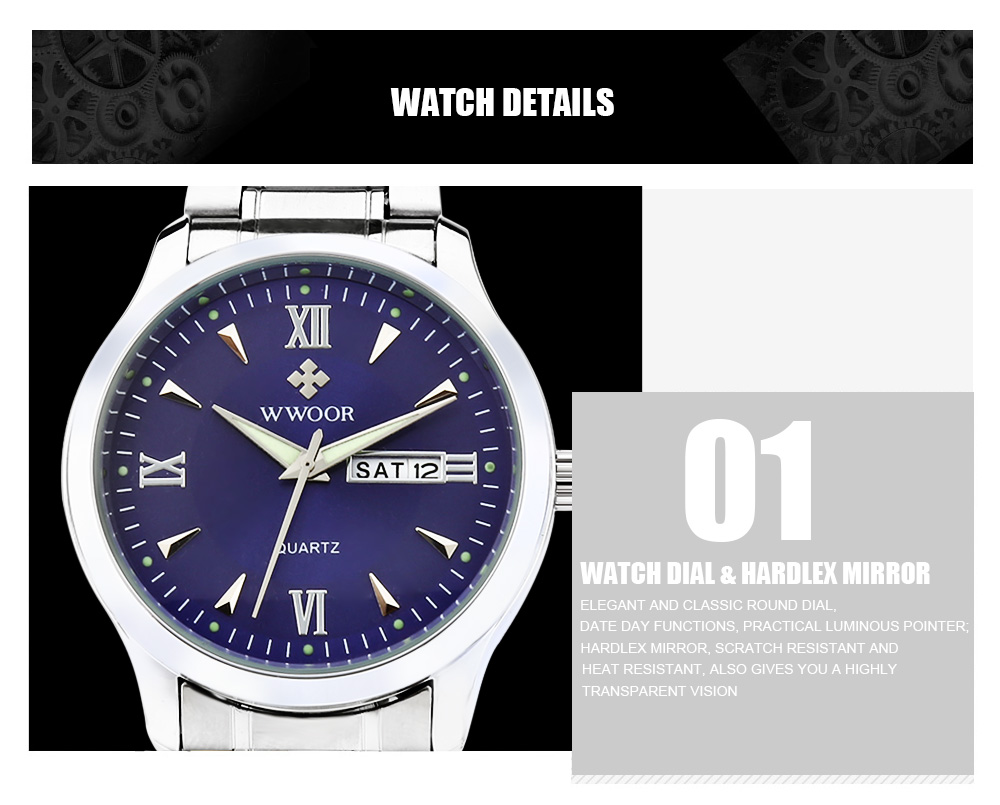 WWOOR 8821 Men Quartz Watch Luminous Date Day Display 3ATM Stainless Steel Band Wristwatch