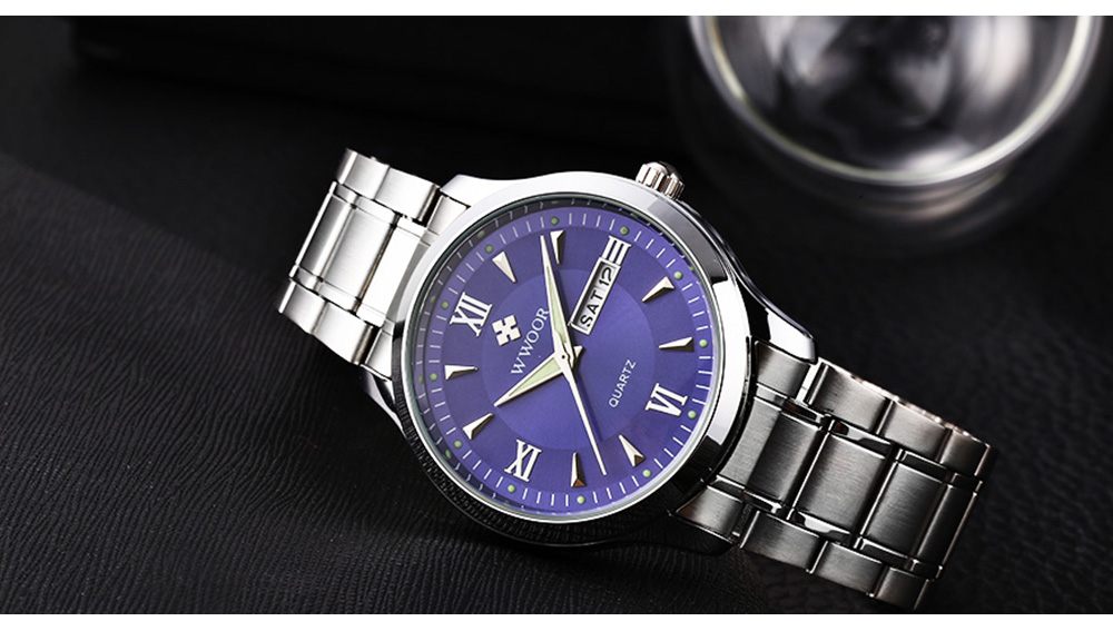 WWOOR 8821 Men Quartz Watch Luminous Date Day Display 3ATM Stainless Steel Band Wristwatch