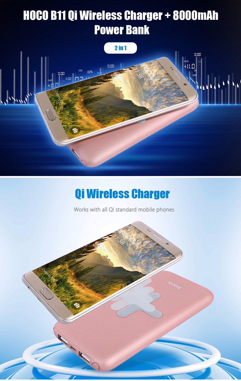 HOCO B11 2 in 1 Qi Wireless Charger + 8000mAh Dual USB External Battery HOCO B11 2 in 1 Qi Wireless Charger + 8000mAh Dual USB External Battery