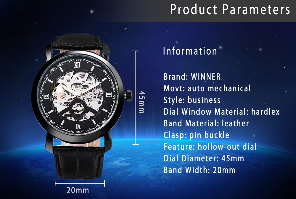 WINNER A540 Men Auto Mechanical Watch Luminous Hollow-out Dial Wristwatch