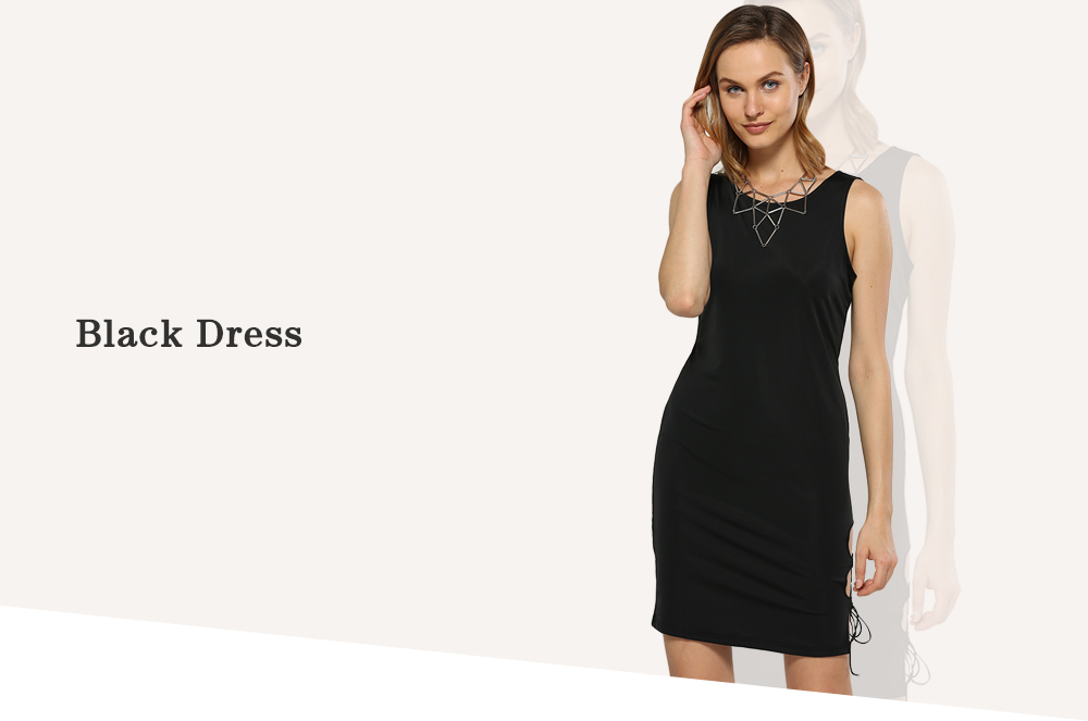 Sexy Round Collar Side Hollow Out Women Sheath Black Dress