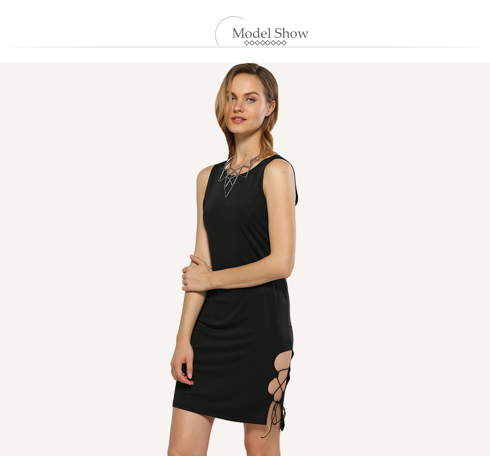 Sexy Round Collar Side Hollow Out Women Sheath Black Dress