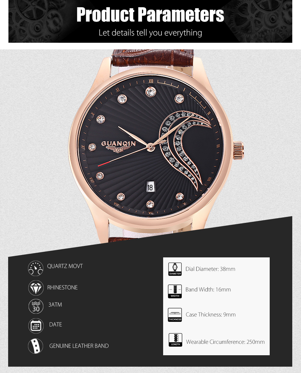 GUANQIN GS19040 - 1A Men Quartz Watch Date Display 3ATM Genuine Leather Band Wristwatch