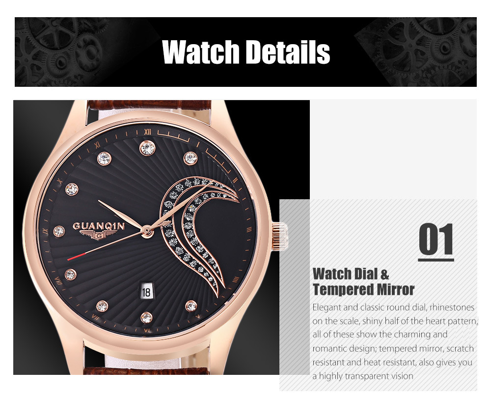 GUANQIN GS19040 - 1A Men Quartz Watch Date Display 3ATM Genuine Leather Band Wristwatch
