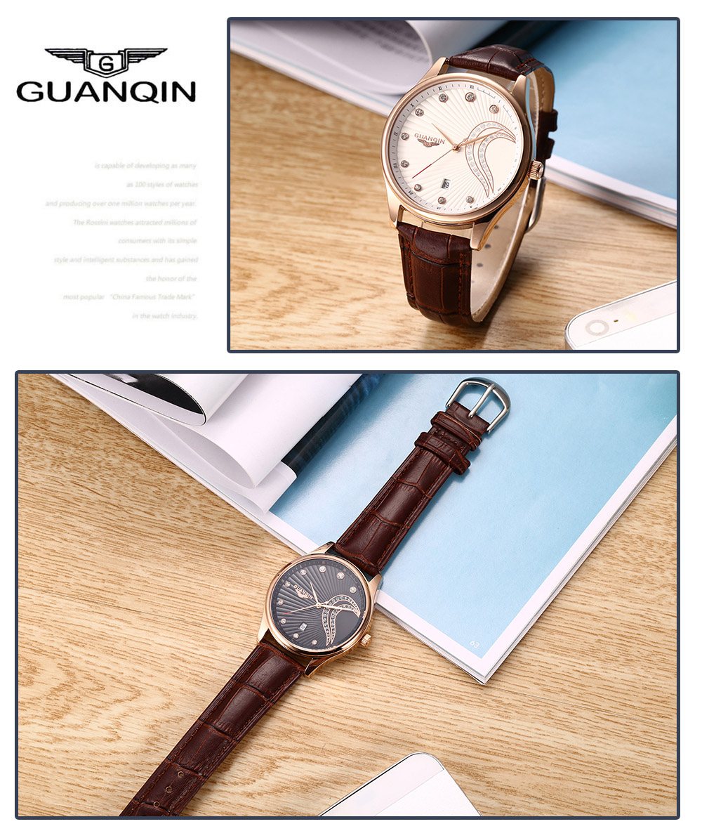 GUANQIN GS19040 - 1A Men Quartz Watch Date Display 3ATM Genuine Leather Band Wristwatch