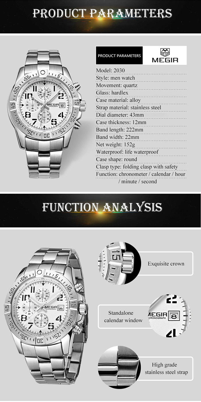 MEGIR 2030 Fashion Chronograph Calendar Wristwatch Men Quartz Watch