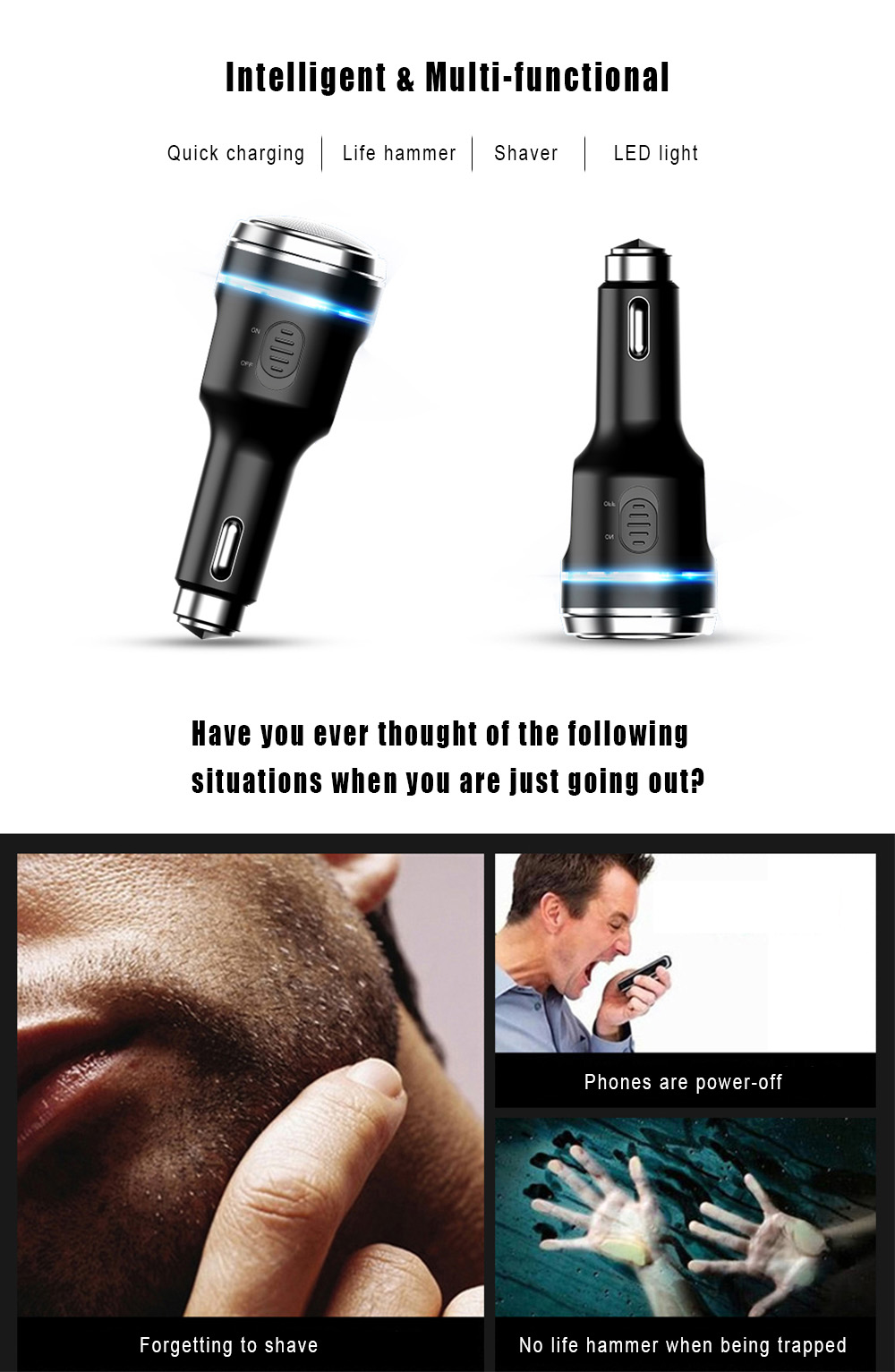 Multi-functional 2.4A Car Shaver Charger Life Hammer with LED Light Multi-functional 2.4A Car Shaver Charger Life Hammer with LED Light