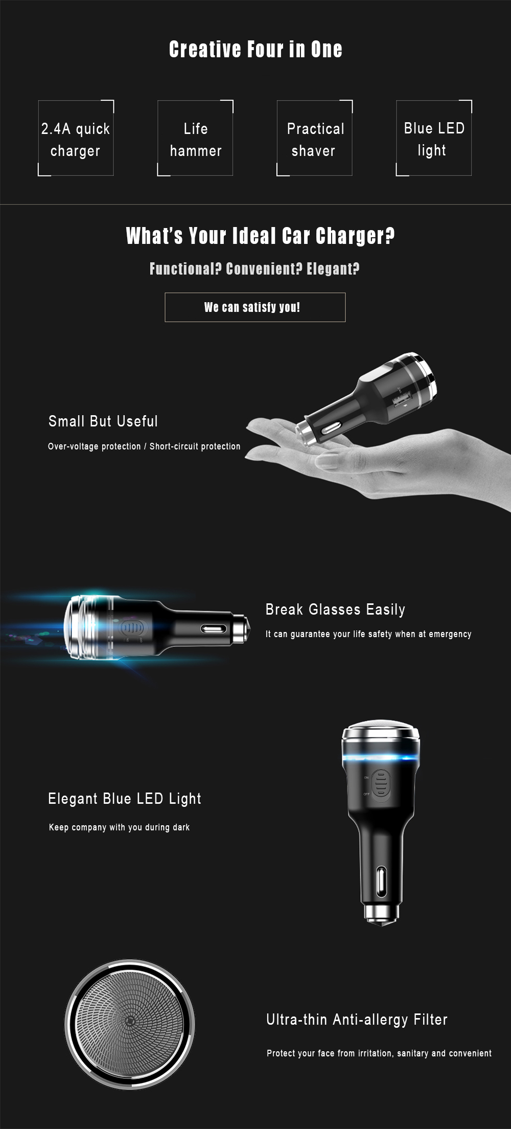 Multi-functional 2.4A Car Shaver Charger Life Hammer with LED Light Multi-functional 2.4A Car Shaver Charger Life Hammer with LED Light