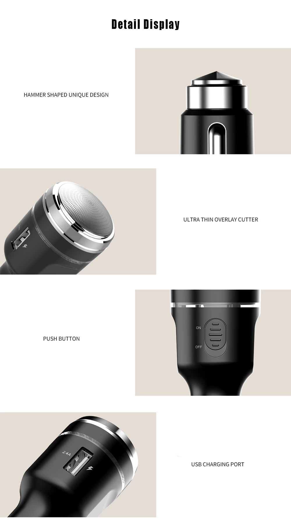 Multi-functional 2.4A Car Shaver Charger Life Hammer with LED Light Multi-functional 2.4A Car Shaver Charger Life Hammer with LED Light