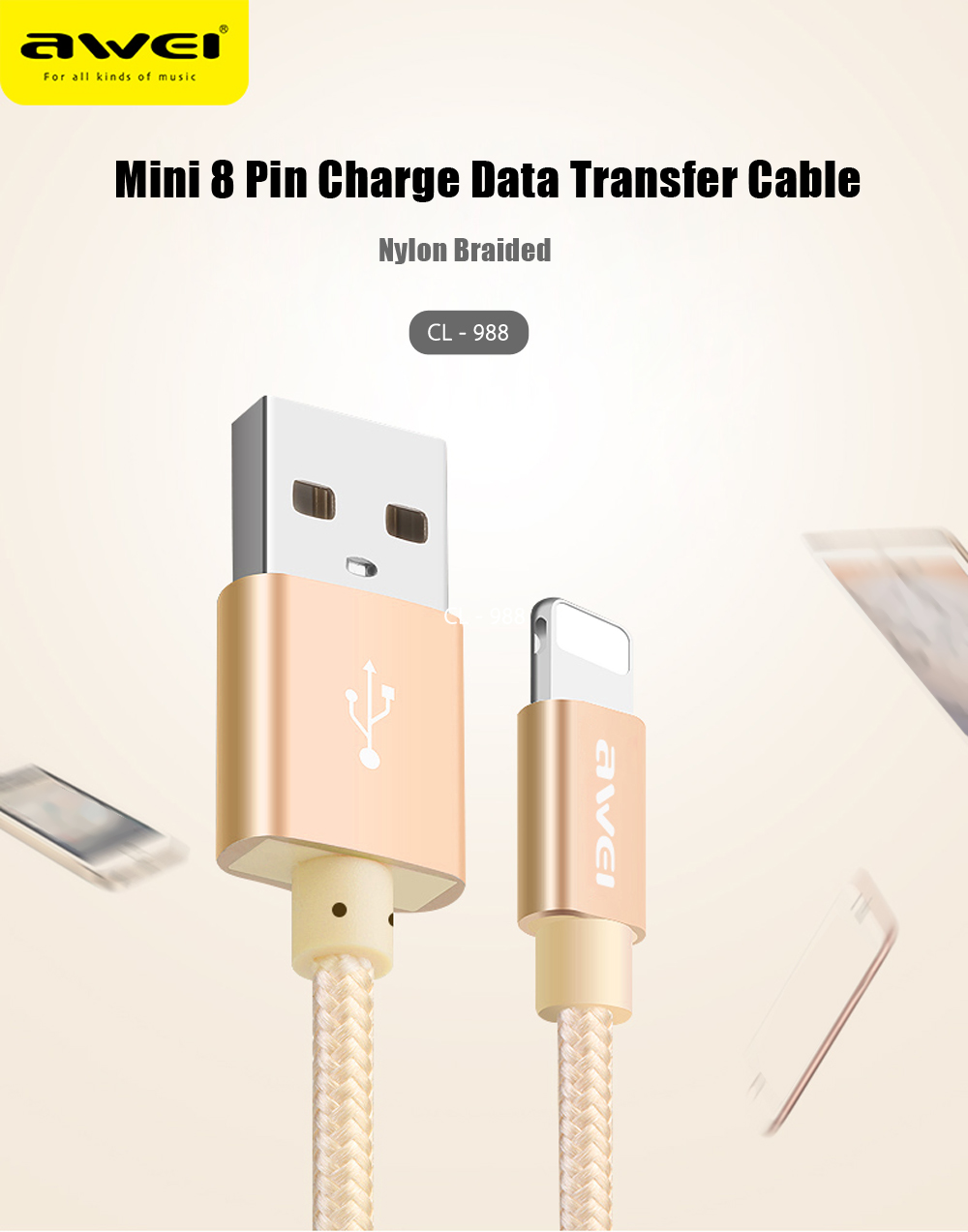 Awei CL - 988 8 Pin 5V 2A Mini Nylon Braided Charge Data Transfer Cable 0.3m Awei CL - 988 8 Pin 5V 2A Mini Nylon Braided Charge Data Transfer Cable 0.3m