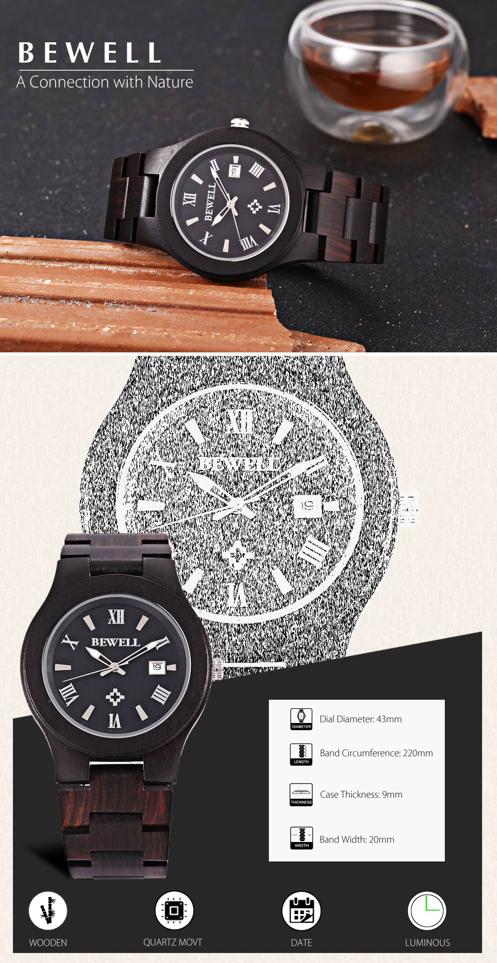 Bewell ZS - W127A Men Quartz Watch Wooden Case Date Luminous Display Japan Movt Wristwatch Bewell ZS - W127A Men Quartz Watch Wooden Case Date Luminous Display Japan Movt Wristwatch