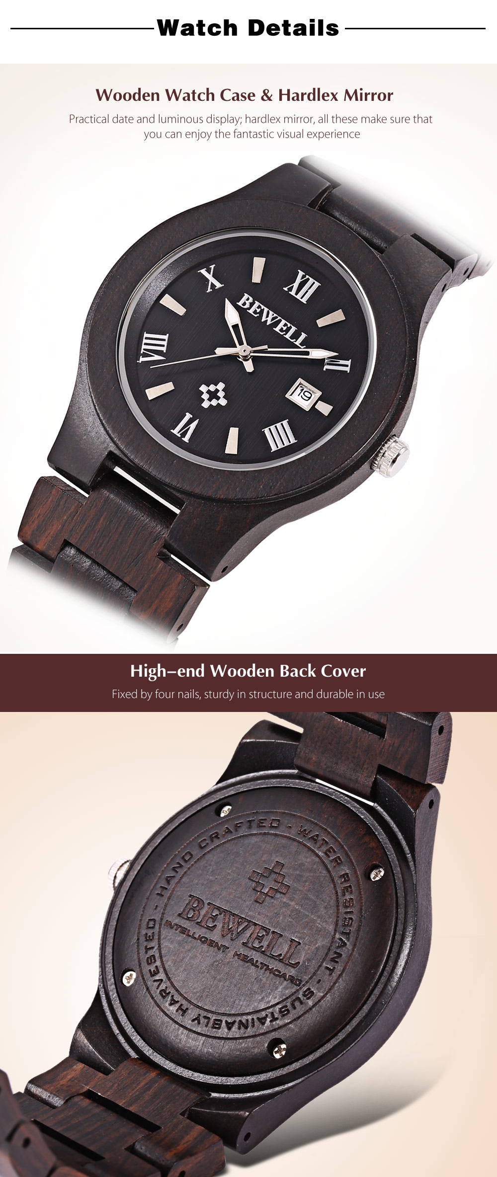 Bewell ZS - W127A Men Quartz Watch Wooden Case Date Luminous Display Japan Movt Wristwatch