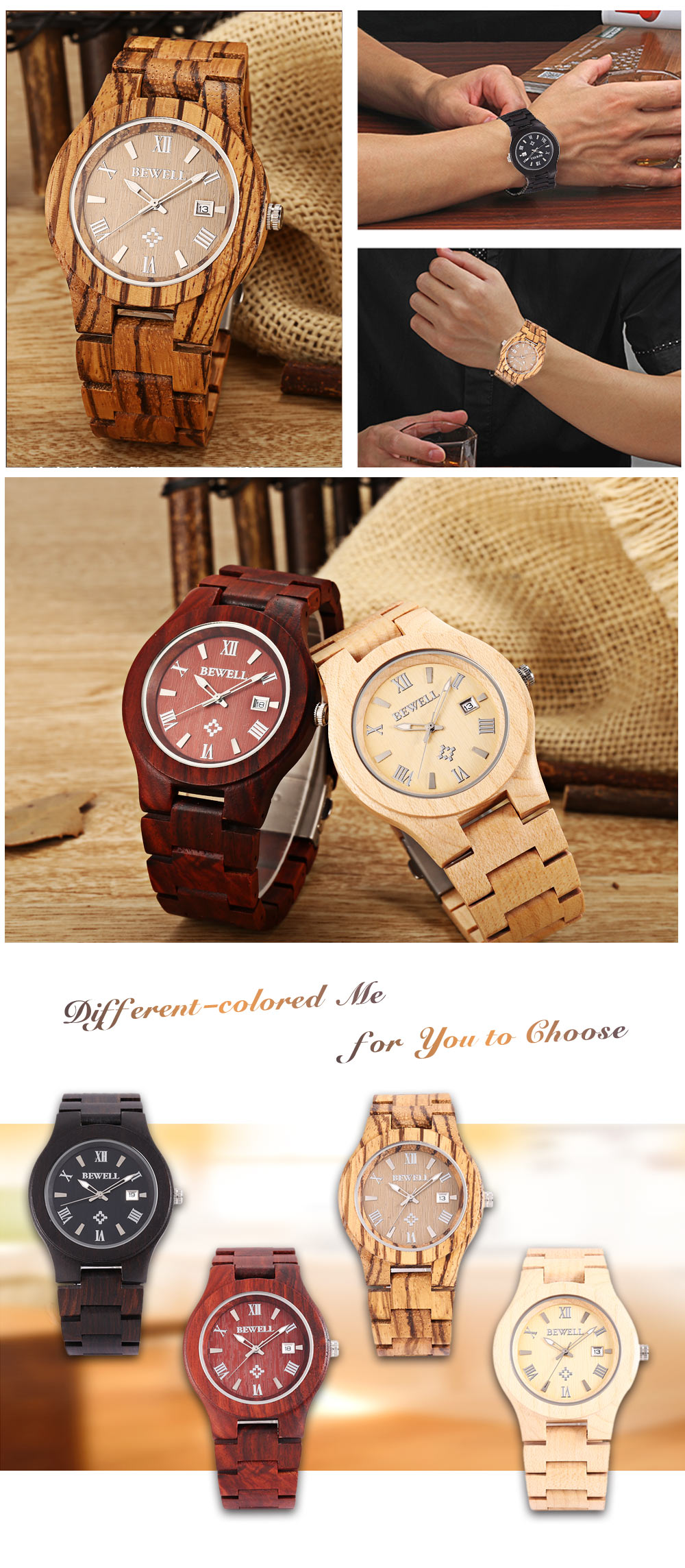 Bewell ZS - W127A Men Quartz Watch Wooden Case Date Luminous Display Japan Movt Wristwatch