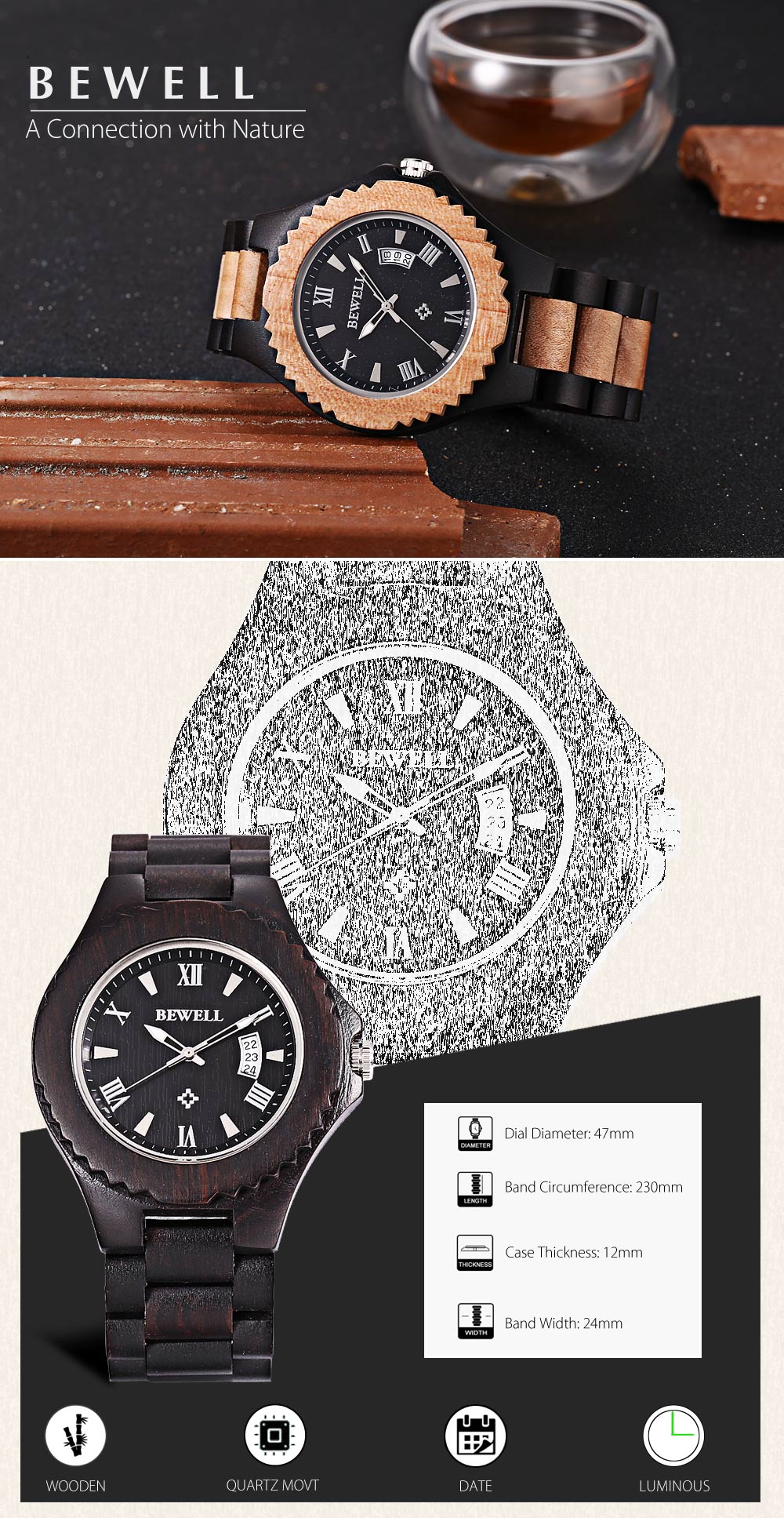 Bewell ZS - W129A Men Quartz Watch Wooden Case Date Luminous Display Japan Movt Wristwatch