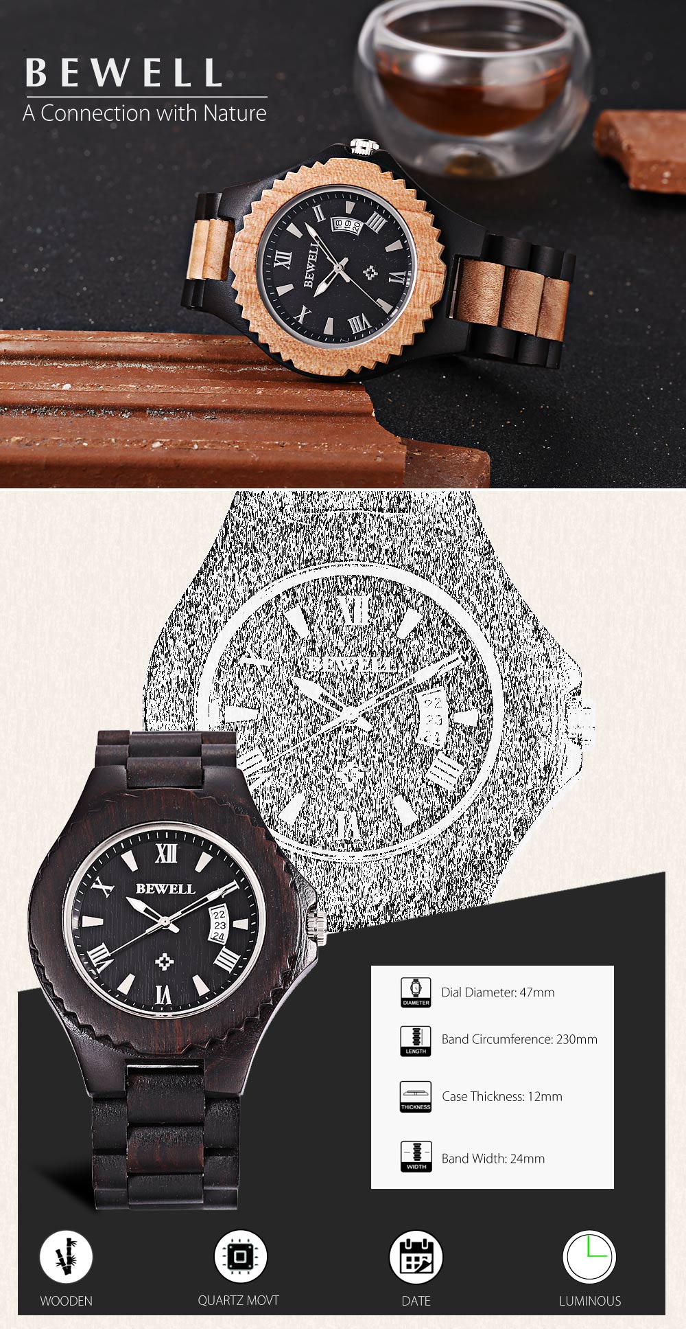 Bewell ZS - W129A Men Quartz Watch Wooden Case Date Luminous Display Japan Movt Wristwatch Bewell ZS - W129A Men Quartz Watch Wooden Case Date Luminous Display Japan Movt Wristwatch