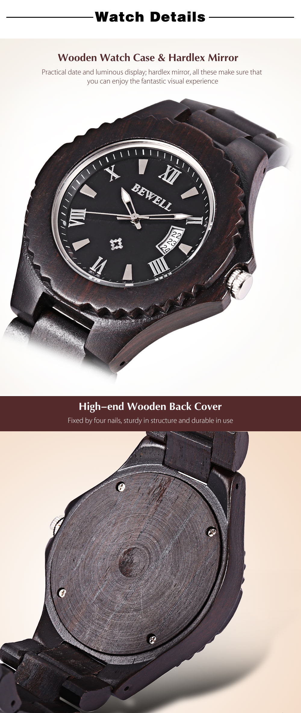 Bewell ZS - W129A Men Quartz Watch Wooden Case Date Luminous Display Japan Movt Wristwatch