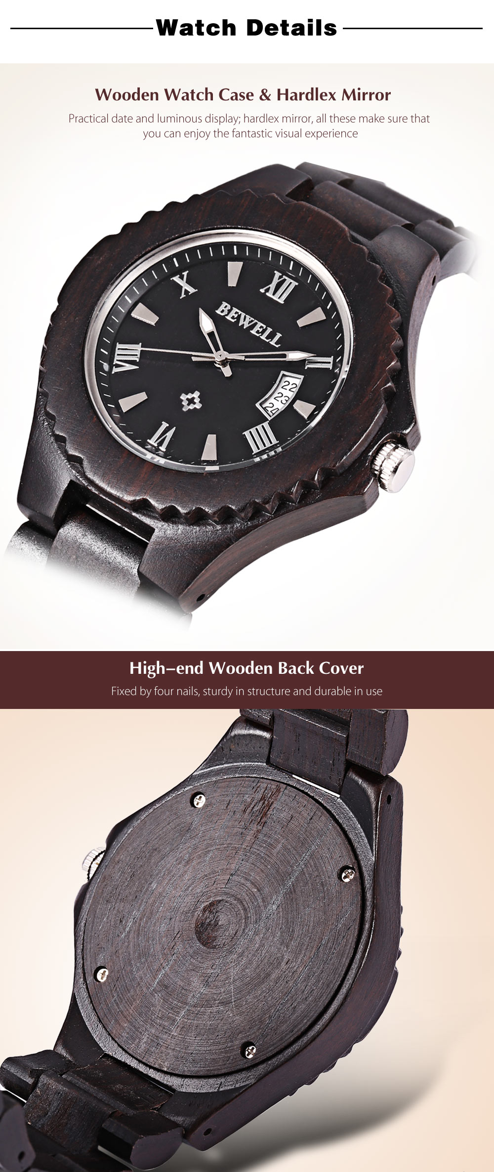 Bewell ZS - W129A Men Quartz Watch Wooden Case Date Luminous Display Japan Movt Wristwatch Bewell ZS - W129A Men Quartz Watch Wooden Case Date Luminous Display Japan Movt Wristwatch