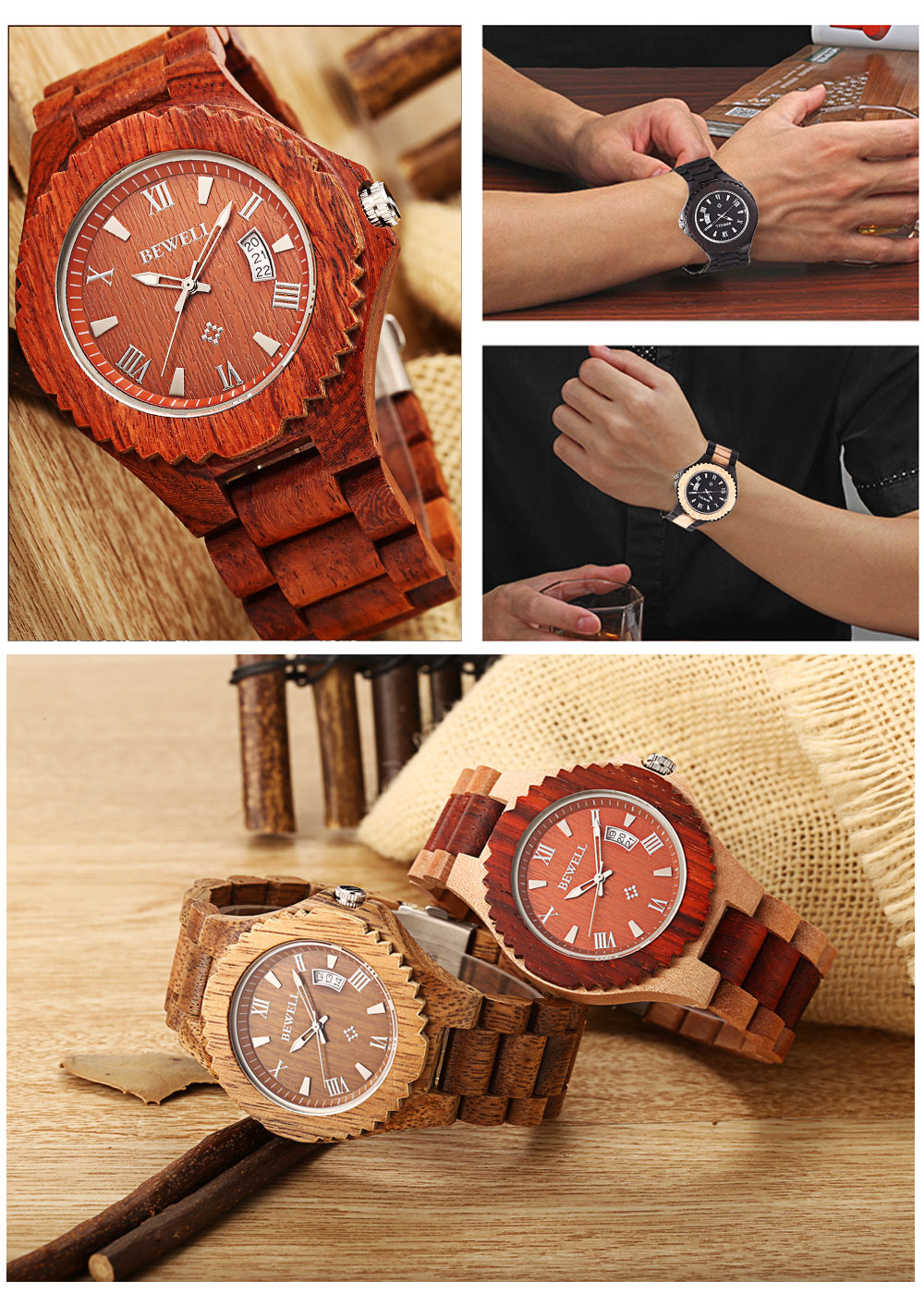 Bewell ZS - W129A Men Quartz Watch Wooden Case Date Luminous Display Japan Movt Wristwatch