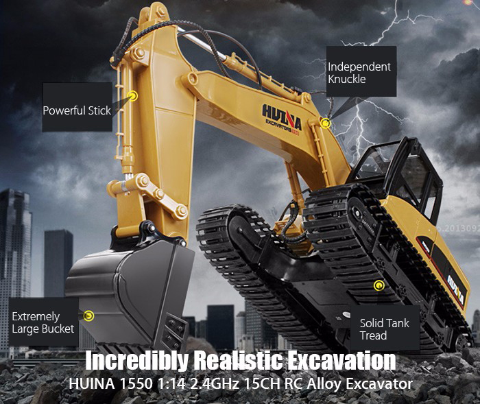 HUINA 1550 1:14 2.4GHz 15CH RC Alloy Excavator RTR with Independent Arms Programming Auto Demonstration Function HUINA 1550 1:14 2.4GHz 15CH RC Alloy Excavator RTR with Independent Arms Programming Auto Demonstration Function
