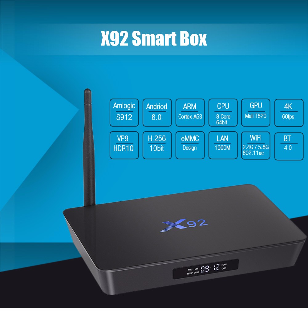 X92 TV Box Amlogic S912 Octa-core Cortex-A53 Real-time Display Online Player 2.4GHz / 5.8GHz WiFi HD Connectivity X92 TV Box Amlogic S912 Octa-core Cortex-A53 Real-time Display Online Player 2.4GHz / 5.8GHz WiFi HD Connectivity