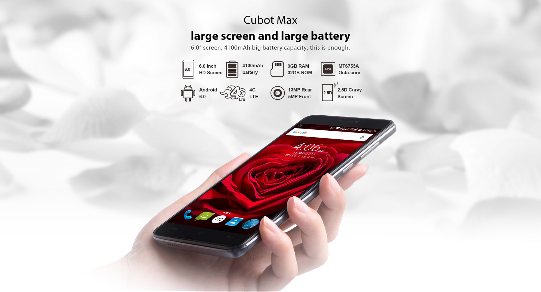 CUBOT Max 6.0 inch 4G Phablet Android 6.0 MTK6753 Octa Core 1.3GHz 3GB RAM 32GB ROM OTG Hotknot 4100mAh Battery