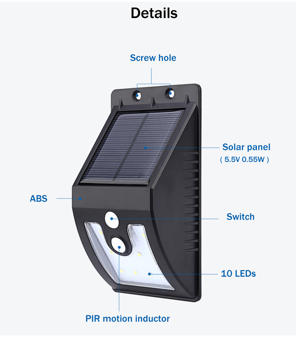 Outdoor 10 LEDs Solar Powered Motion Sensor Light Waterproof Wall Lamp for Path Garden Outdoor 10 LEDs Solar Powered Motion Sensor Light Waterproof Wall Lamp for Path Garden