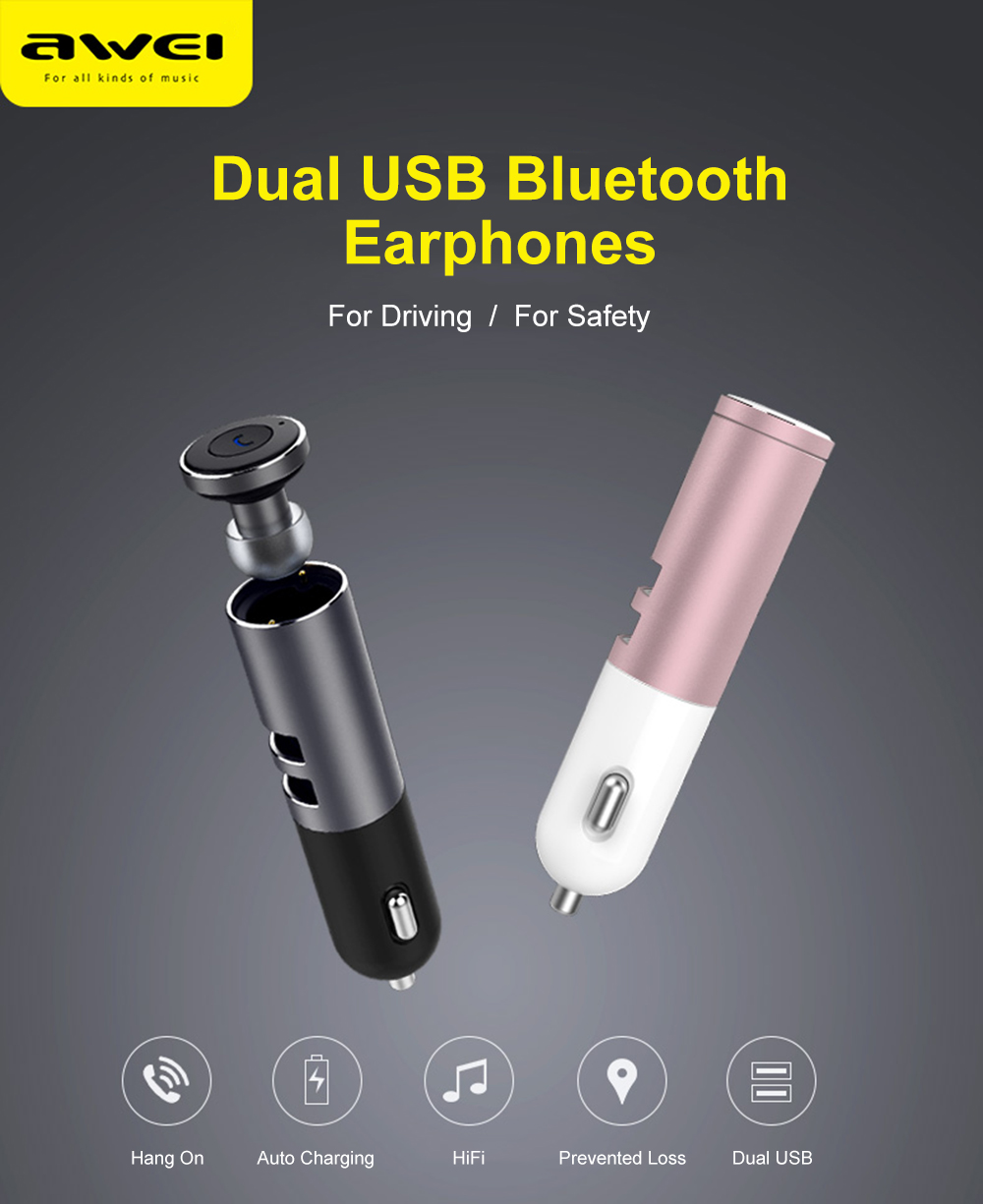 AWEI A870BL Bluetooth V4.1 Hands-free Headset Dual USB Car Charger Earphones AWEI A870BL Bluetooth V4.1 Hands-free Headset Dual USB Car Charger Earphones