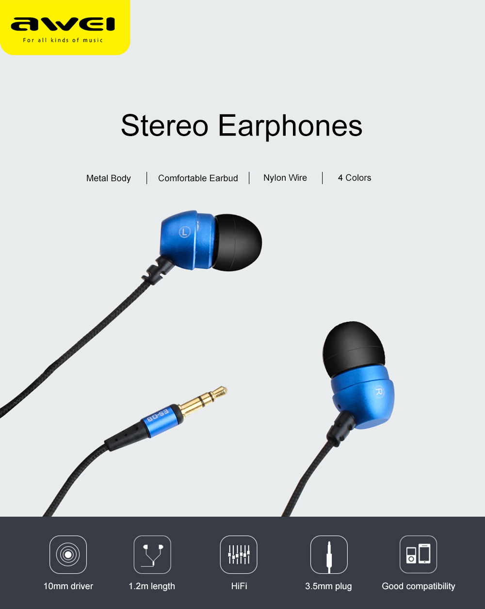 AWEI ES - Q8 3.5MM Plug Stereo Music Earphones Headphones AWEI ES - Q8 3.5MM Plug Stereo Music Earphones Headphones