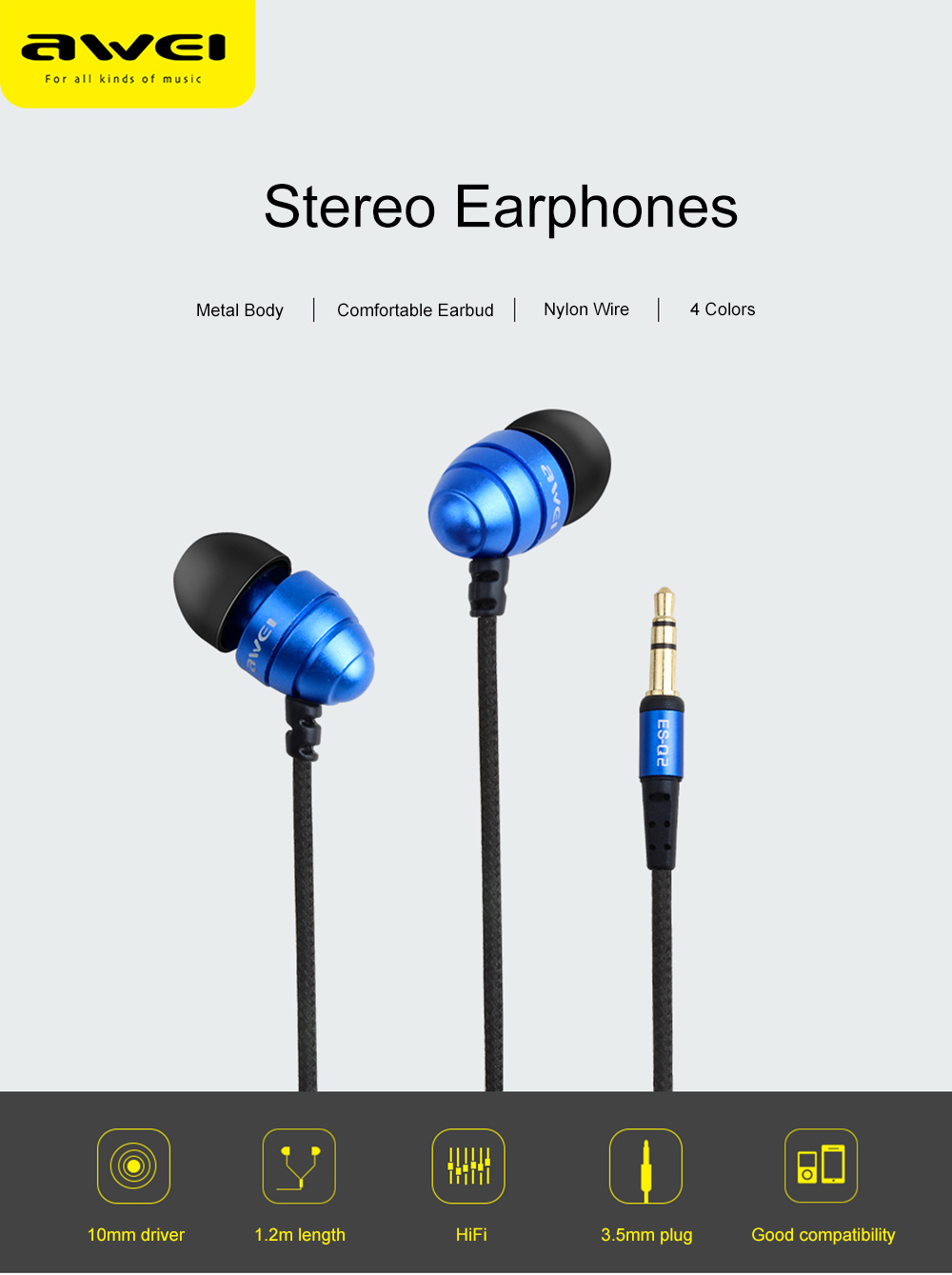 AWEI ES - Q2 3.5MM Plug Stereo Music Earphones Headphones AWEI ES - Q2 3.5MM Plug Stereo Music Earphones Headphones