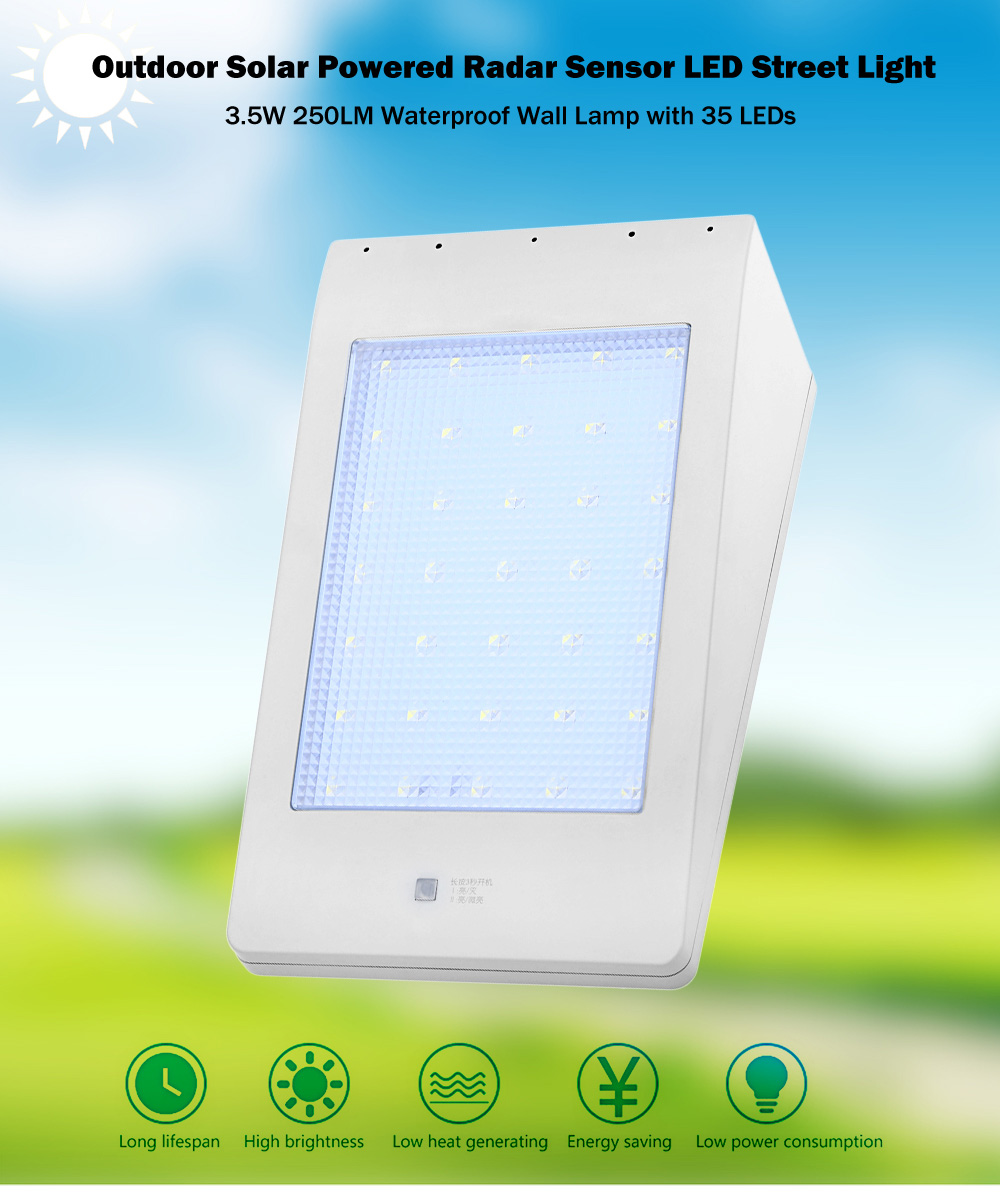 Outdoor 3.5W 250LM Solar Powered Radar Sensor LED Street Light Waterproof Wall Lamp with 35 LEDs Outdoor 3.5W 250LM Solar Powered Radar Sensor LED Street Light Waterproof Wall Lamp with 35 LEDs