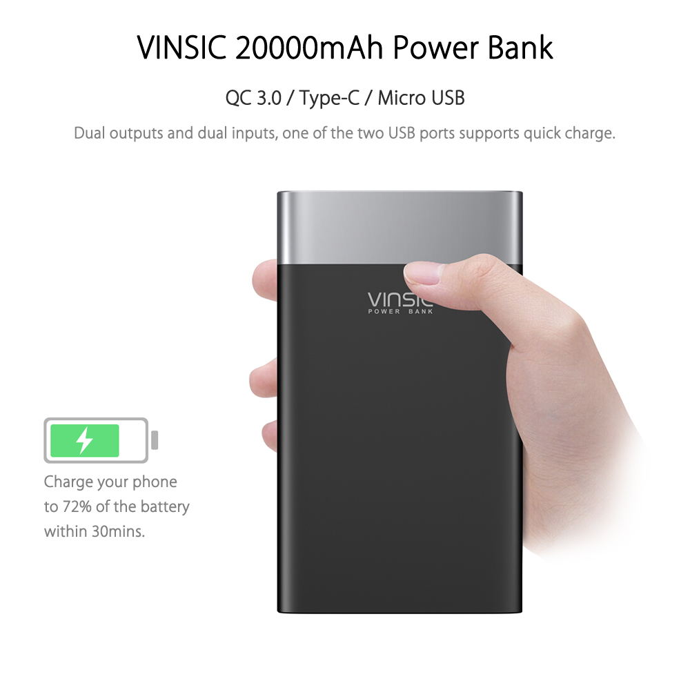 VINSIC VSPB303 QC 3.0 20000mAh Power Bank Type-C Micro USB Dual Input / Output