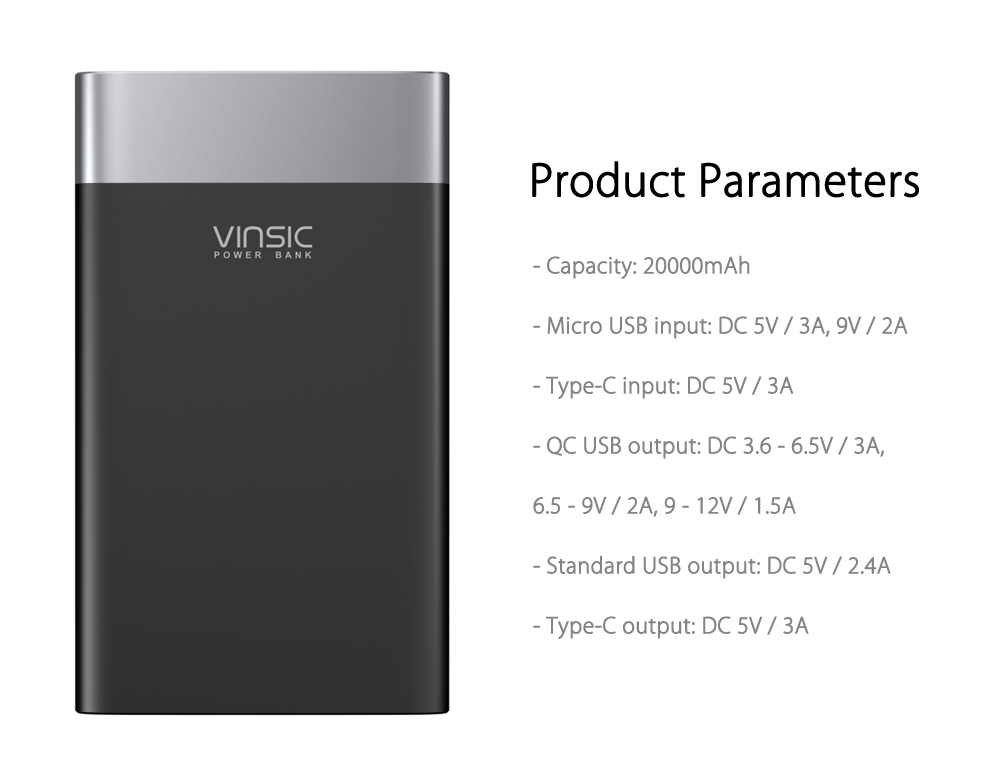 VINSIC VSPB303 QC 3.0 20000mAh Power Bank Type-C Micro USB Dual Input / Output