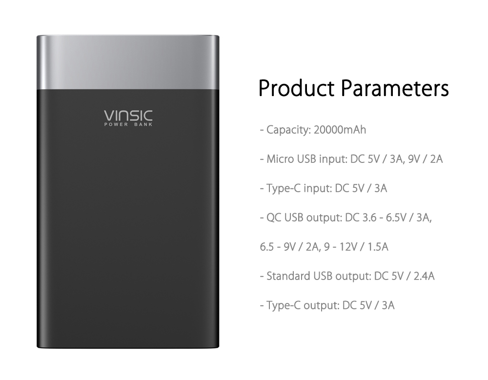 VINSIC VSPB303 QC 3.0 20000mAh Power Bank Type-C Micro USB Dual Input / Output VINSIC VSPB303 QC 3.0 20000mAh Power Bank Type-C Micro USB Dual Input / Output