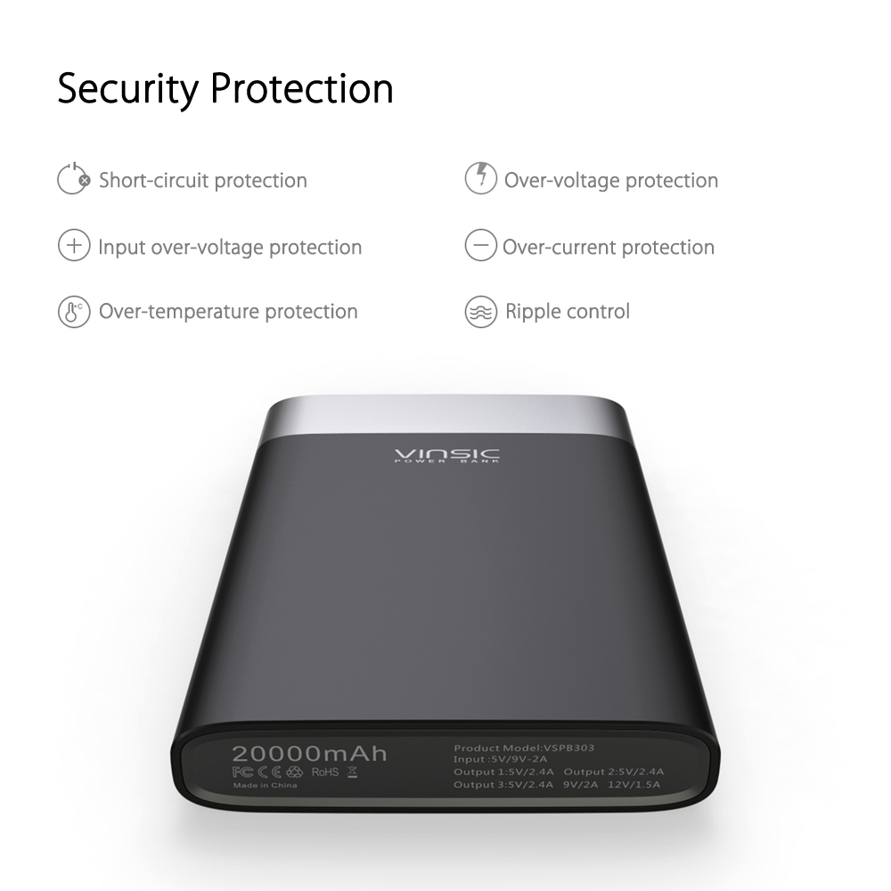 VINSIC VSPB303 QC 3.0 20000mAh Power Bank Type-C Micro USB Dual Input / Output VINSIC VSPB303 QC 3.0 20000mAh Power Bank Type-C Micro USB Dual Input / Output
