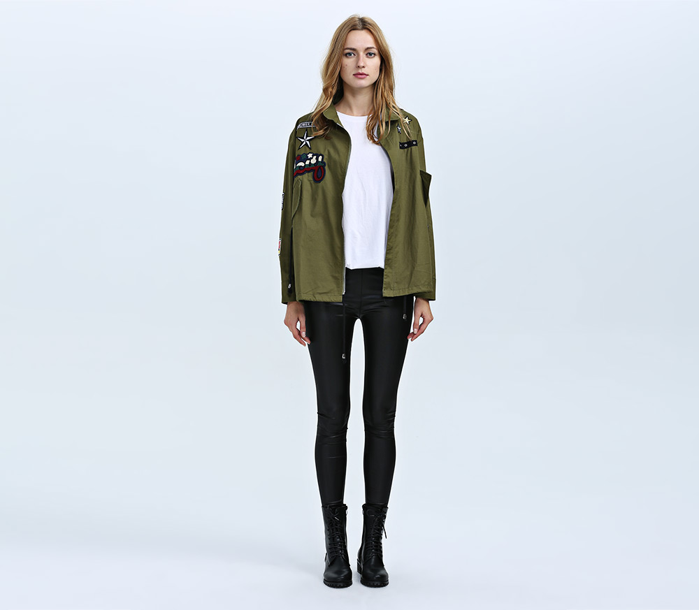 Fashion Turn-down Collar Long Sleeve Zipper Type Women Coat