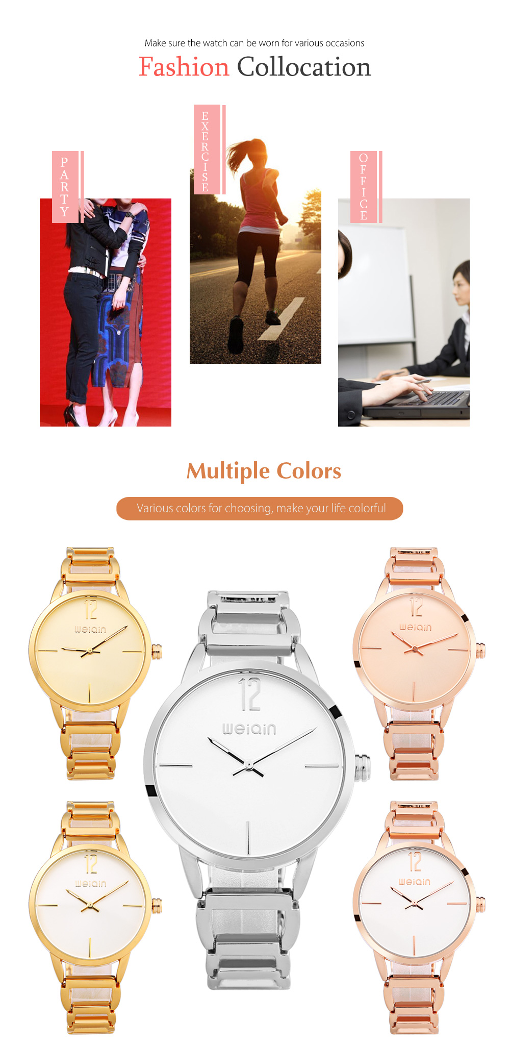 WeiQin W4830 Women Quartz Watch Luminous Pointer Hollow Stainless Steel Band 3ATM Wristwatch