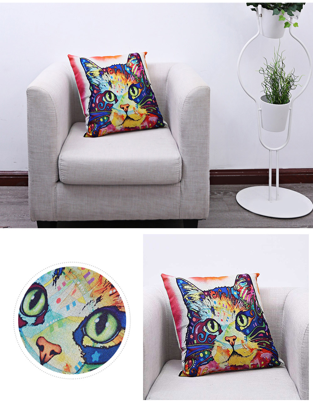 45 x 45CM Colorful Cartoon Cat Printed Cushion Cover Cotton Linen Pillow Case Home Decor