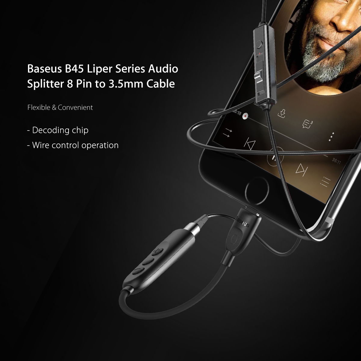 Baseus B45 Liper Series Audio Splitter 8 Pin to 3.5mm Adapter Cable with Wire Control Baseus B45 Liper Series Audio Splitter 8 Pin to 3.5mm Adapter Cable with Wire Control