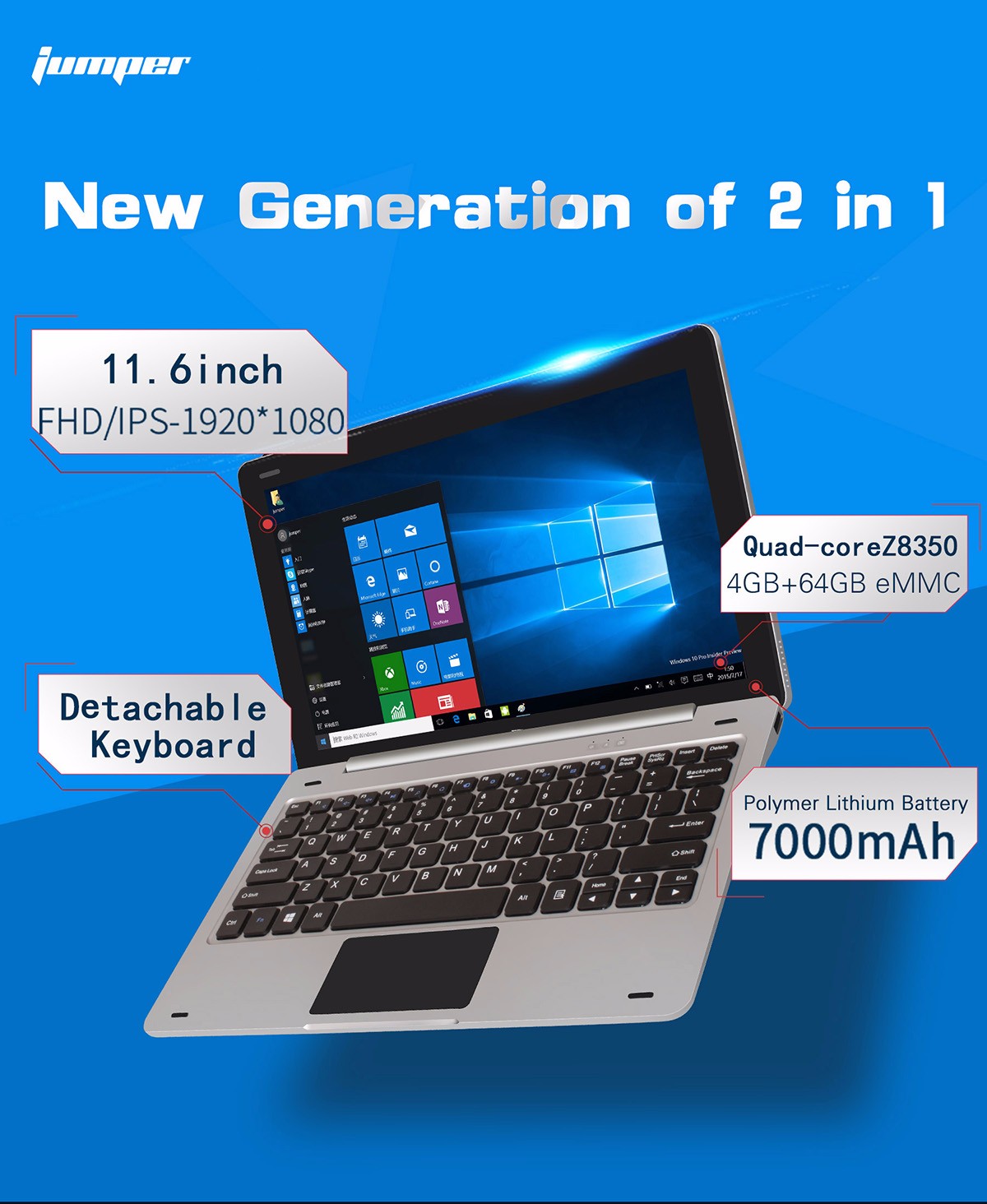 Jumper EZpad 6 11.6 inch 2 in 1 Tablet PC Windows 10 OS Intel Cherry Trail Z8350 Quad Core 1.44GHz FHD IPS Screen 4GB RAM 64GB ROM OTG HDMI