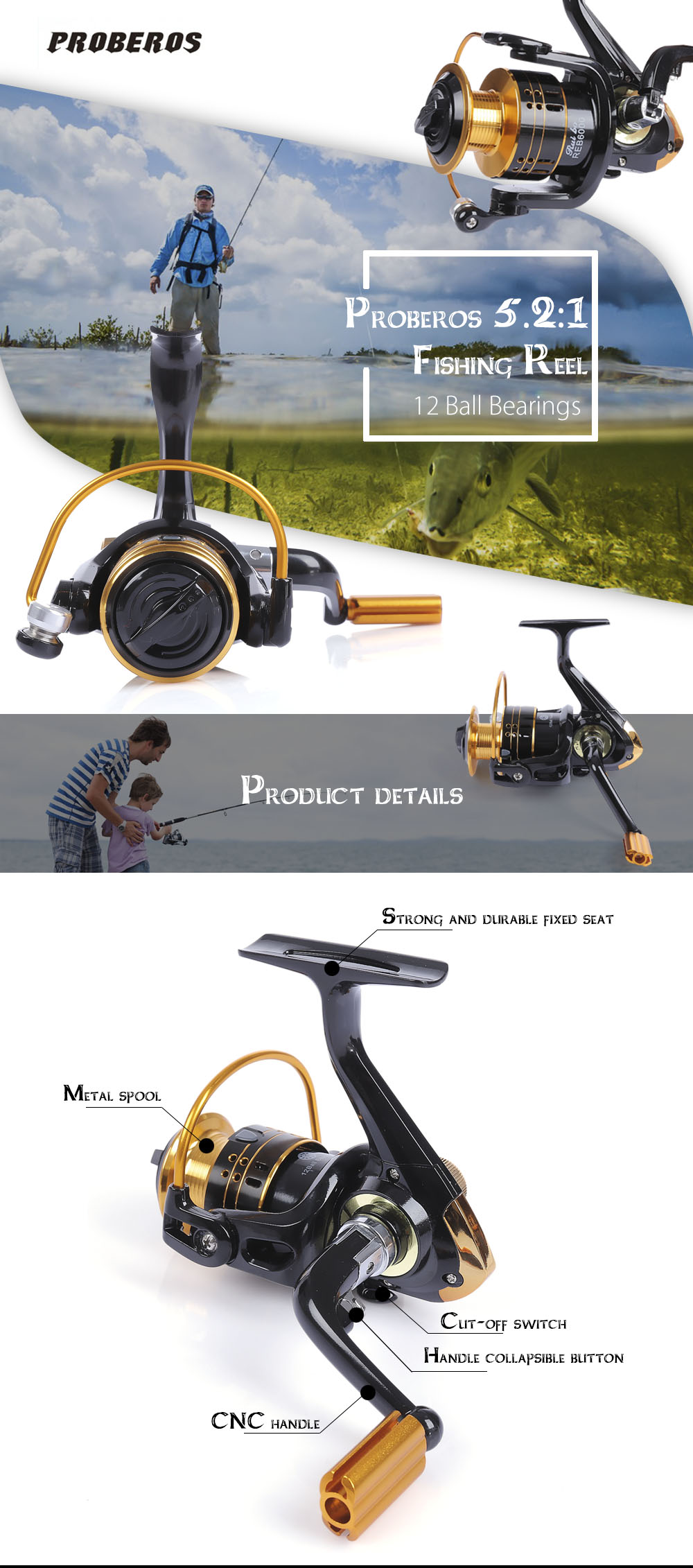 Proberos 5.2:1 12 Ball Bearings Metal Spool Spinning Fishing Reel Proberos 5.2:1 12 Ball Bearings Metal Spool Spinning Fishing Reel