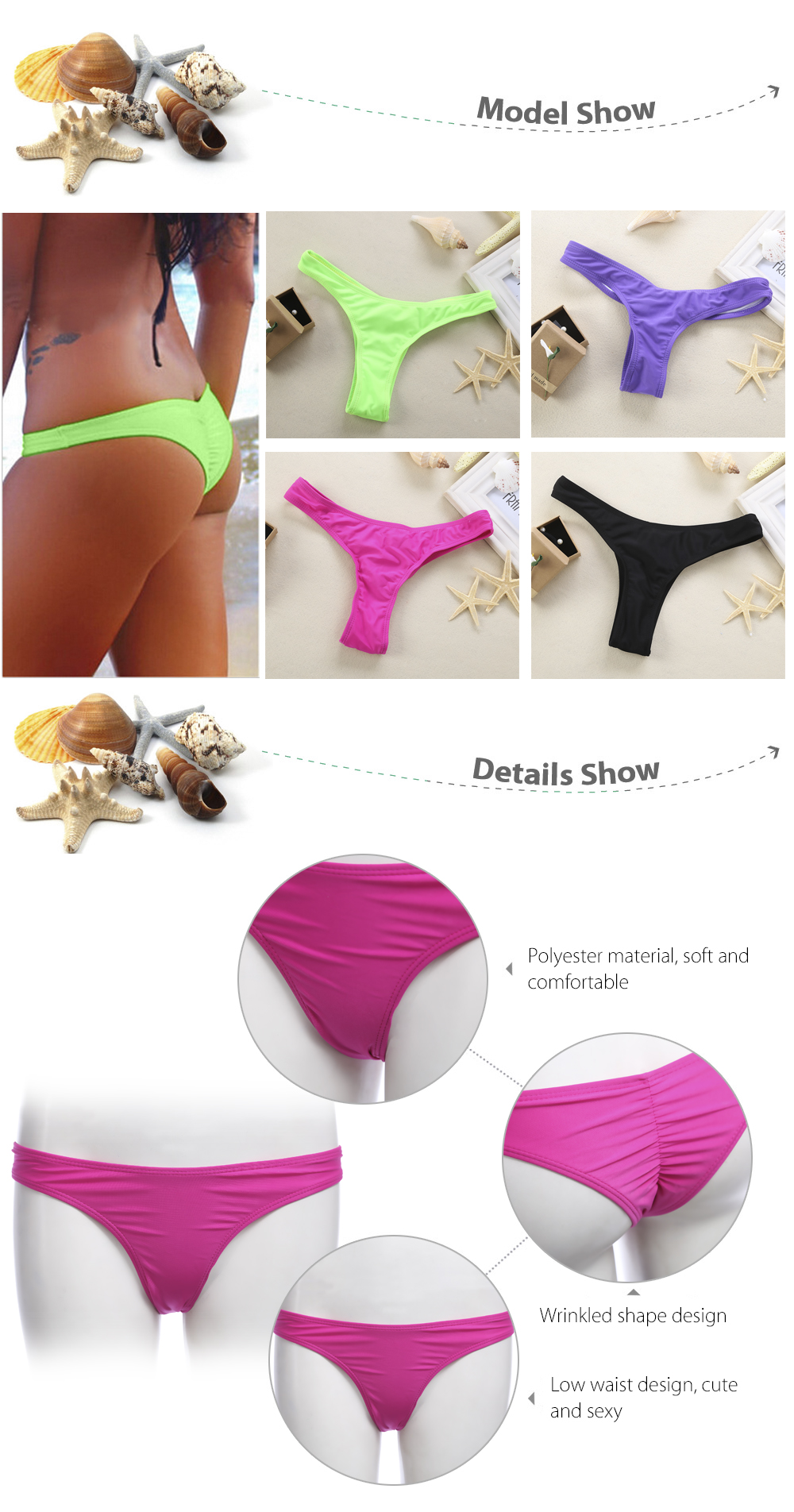 Women Sexy Wrinkled Thong Swimming Bikini Pants