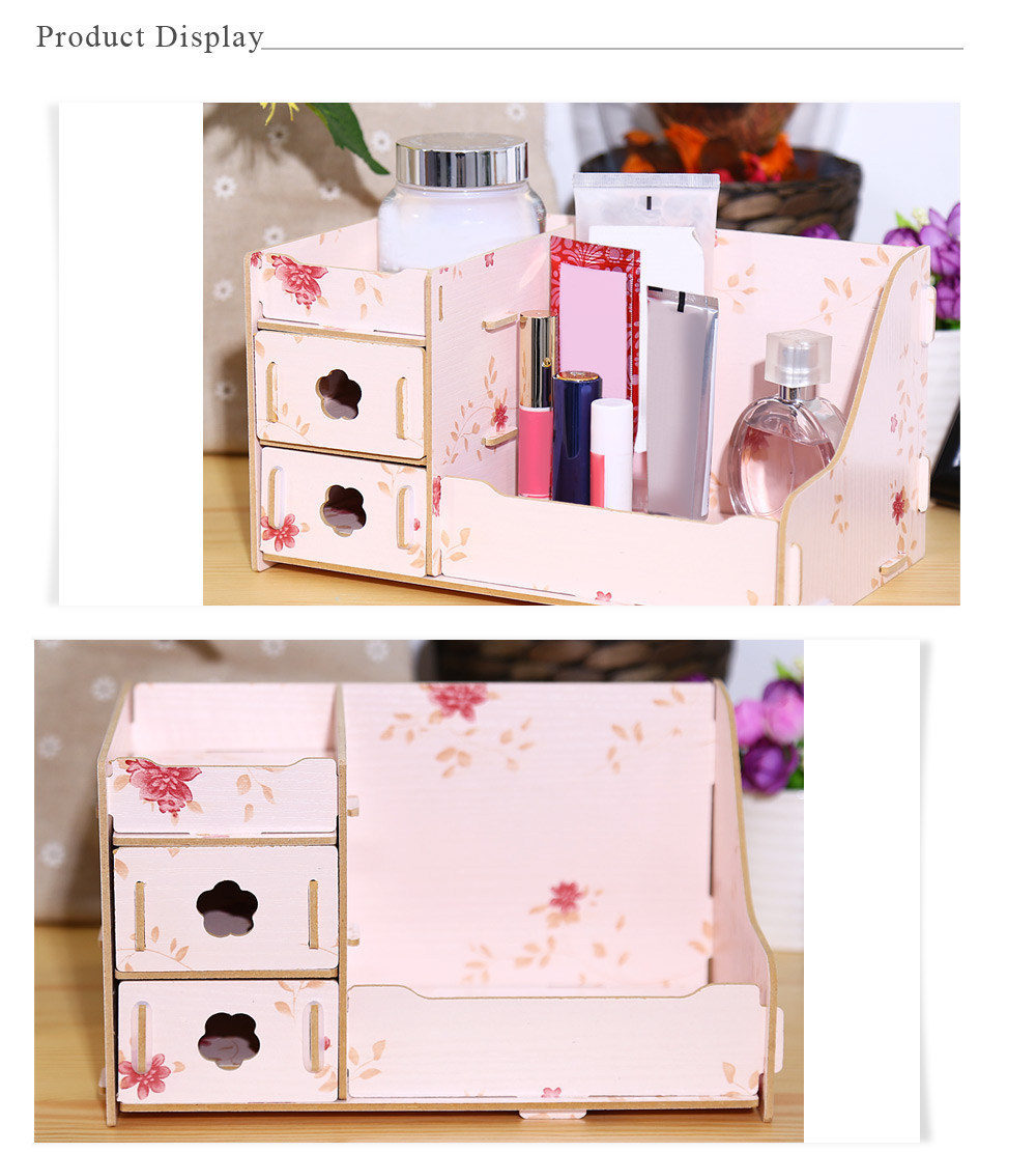 DIY Multifunctional Wooden Cosmetic Desktop Storage Box Make-up Organizer