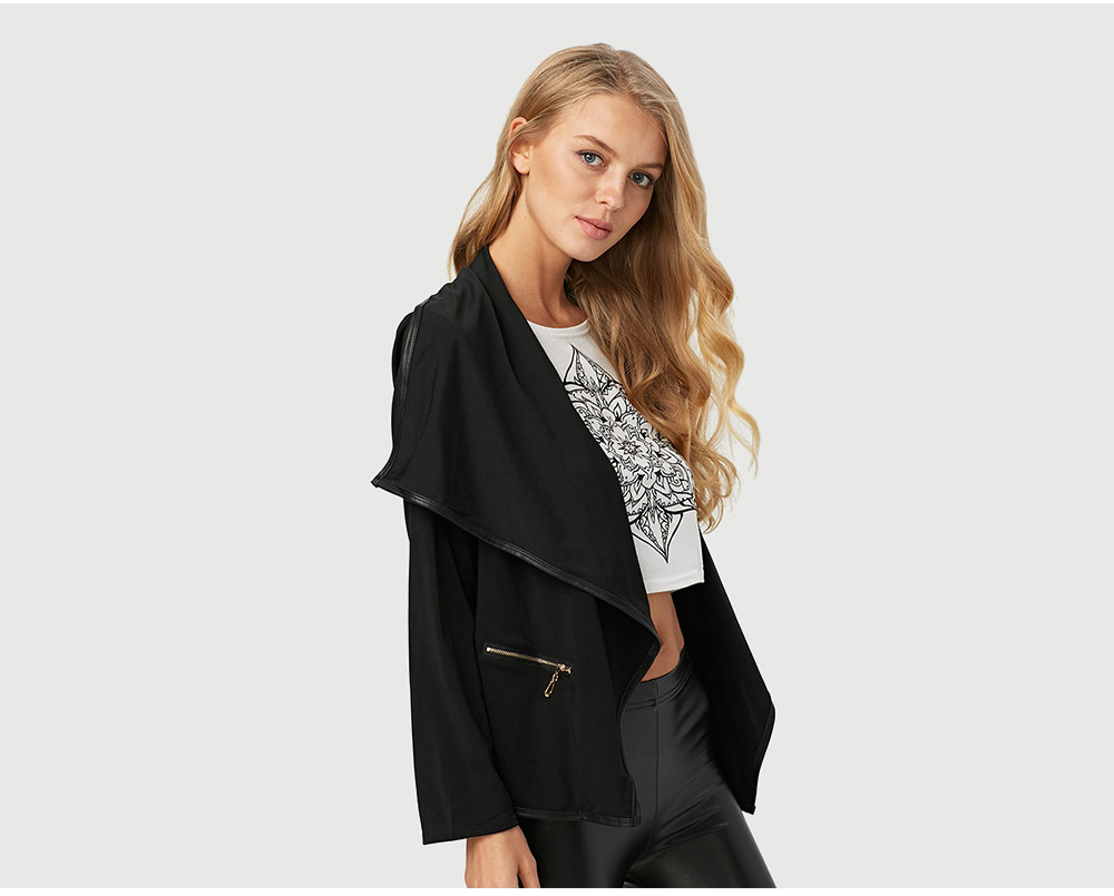 Fashion Turn-down Collar Zipper Pocket Design Women Coat