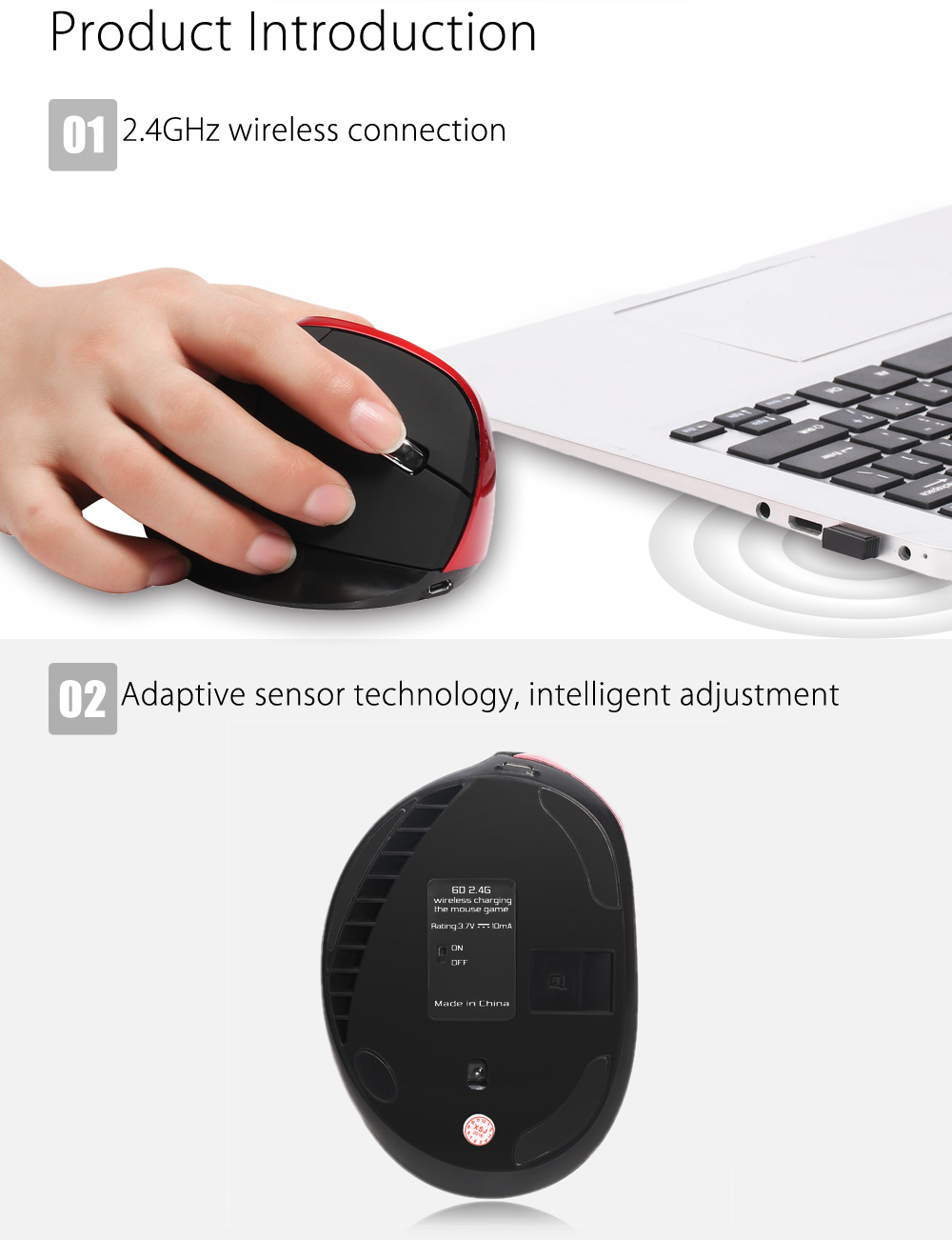 HXSJ X60 6D Wireless Gaming Ergonomic Design Optical Vertical 2400DPI Mouse